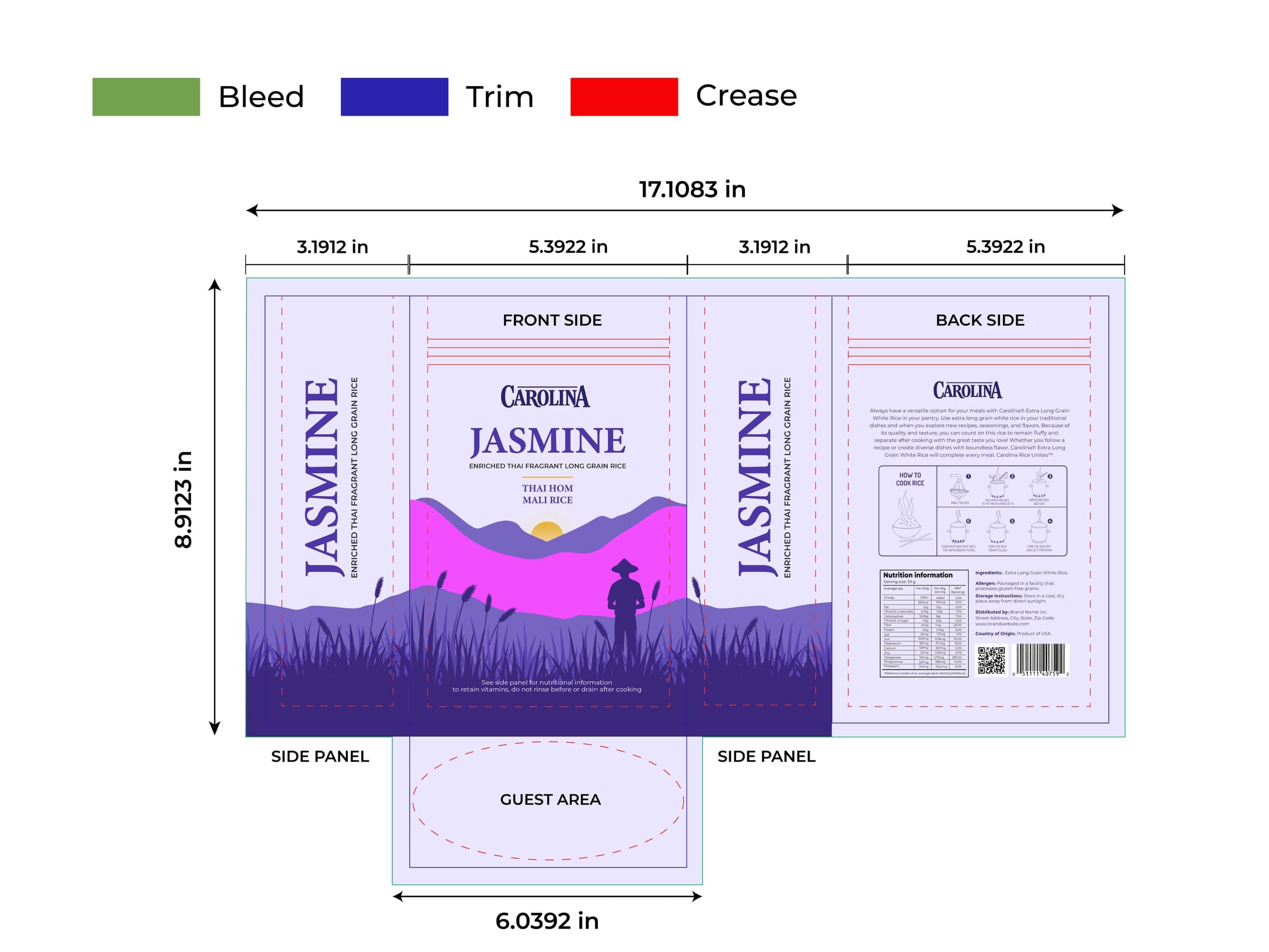 Carolina Jasmine Rice pouch standing against a dark purple backdrop with a spoon and scattered grains