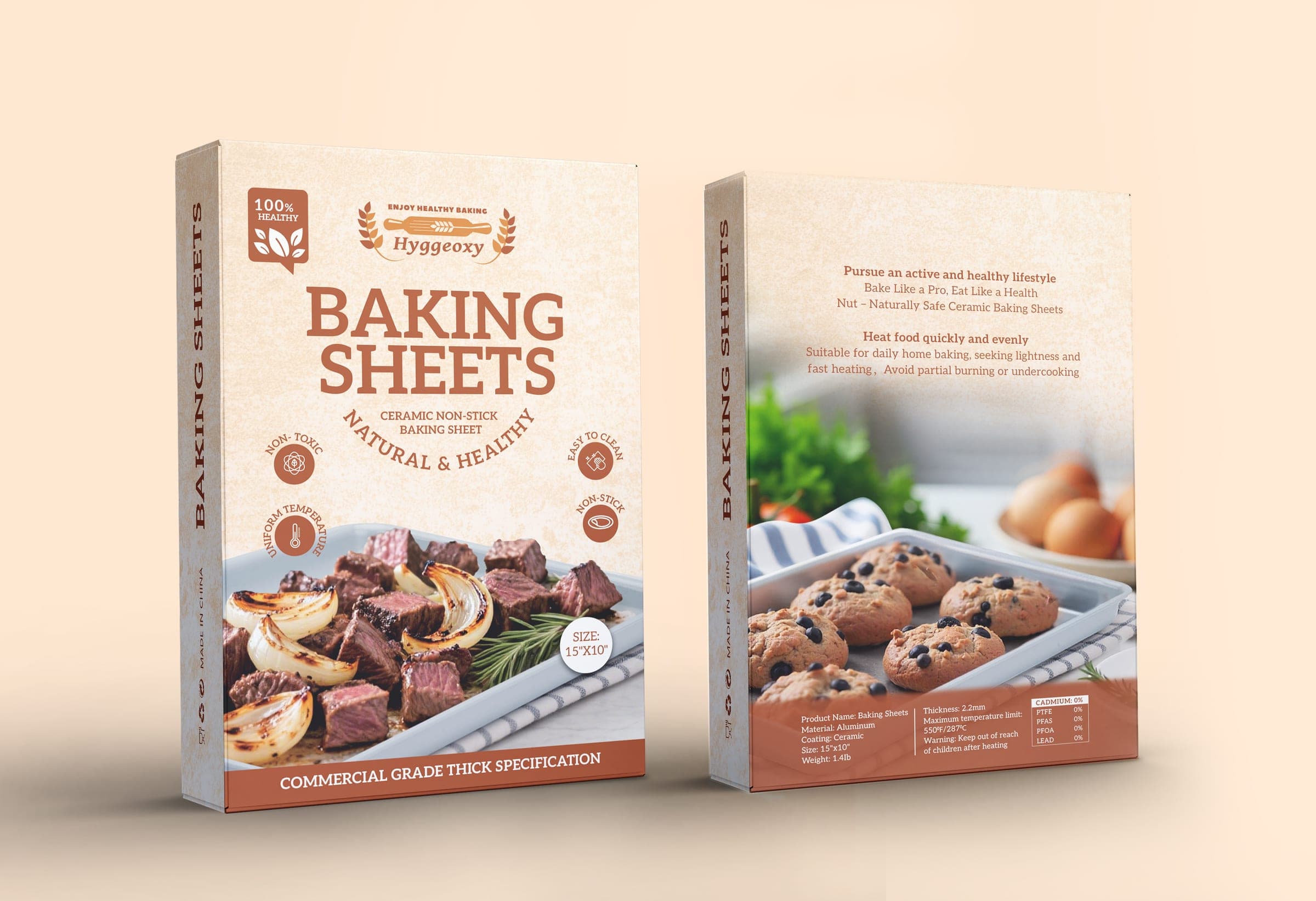 Hyggeoxy baking sheet carton front and back mockups showing roasted meat and blueberry cookie photography
