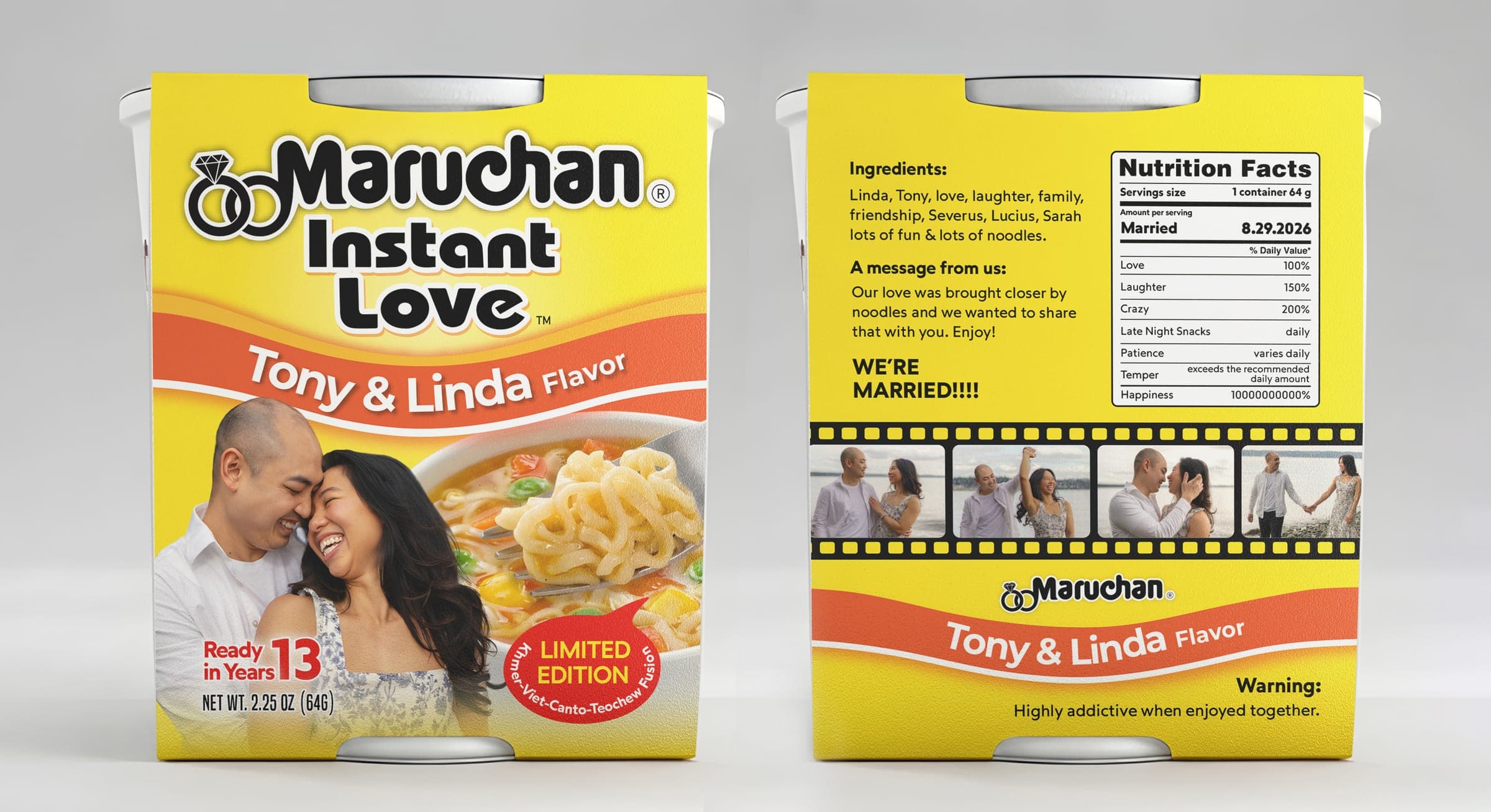 Front and back of the custom Maruchan Instant Love cup sleeve, showing the couple's photo and the personalized nutrition facts panel