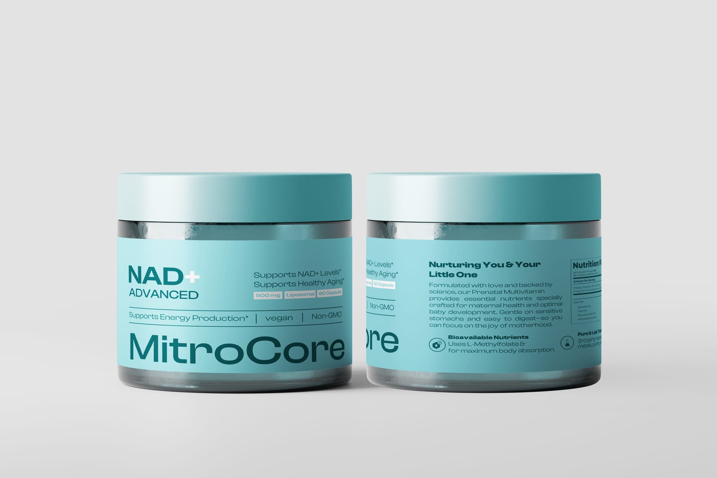 Two MitroCore NAD+ Advanced jars side by side, showing the front claims panel and the nurturing-benefits side panel