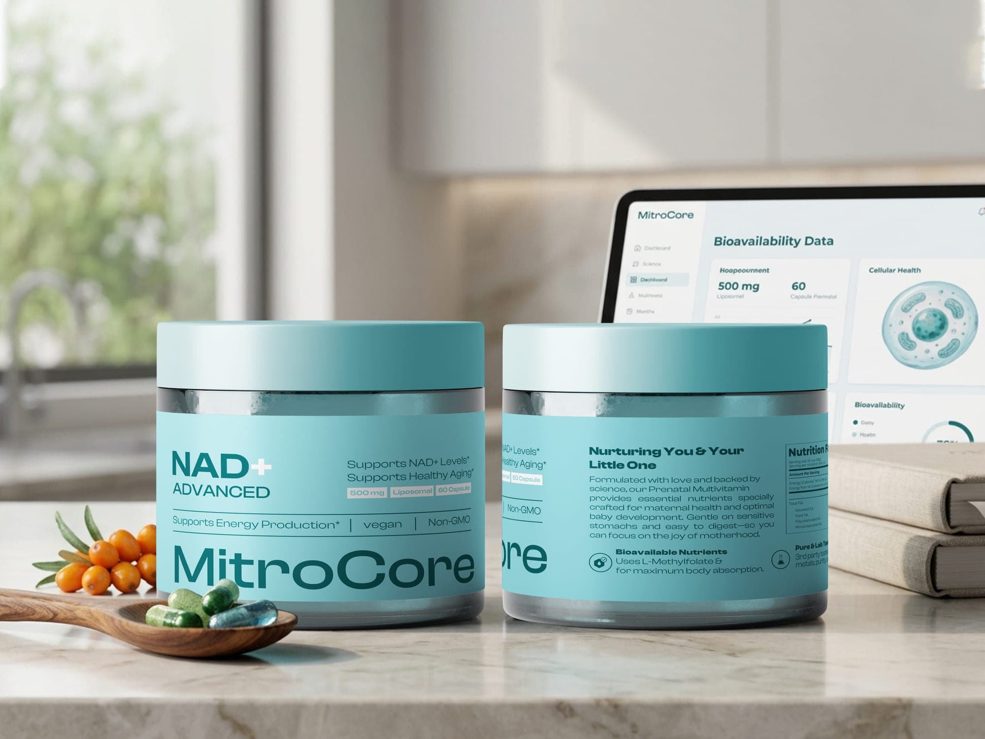 MitroCore jars on a kitchen counter next to a tablet displaying a bioavailability data dashboard