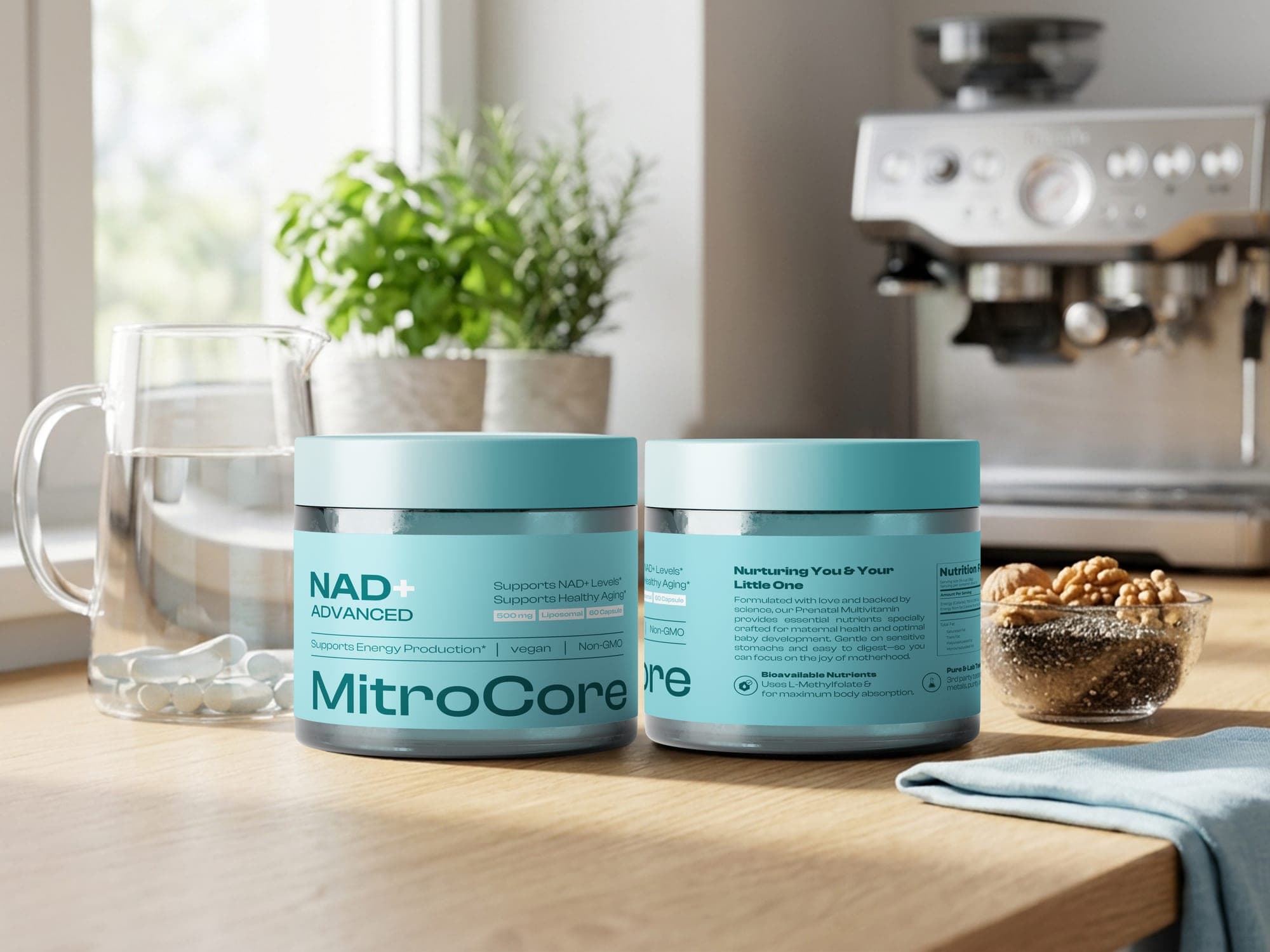MitroCore jars staged in a bright kitchen beside a water pitcher and a bowl of walnuts