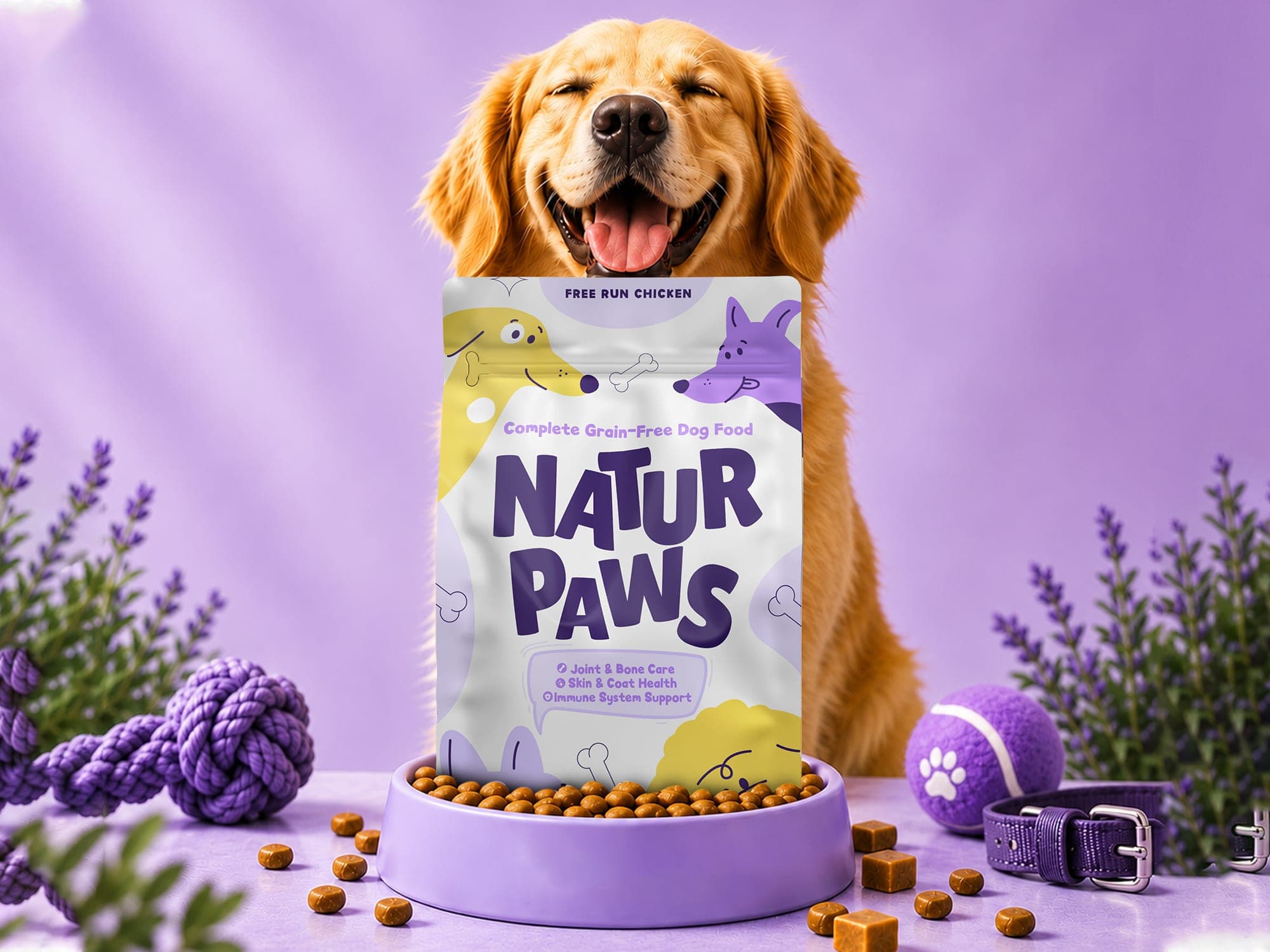 A golden retriever resting its chin above a Natur Paws pouch propped in a lavender-toned dog bowl surrounded by toys