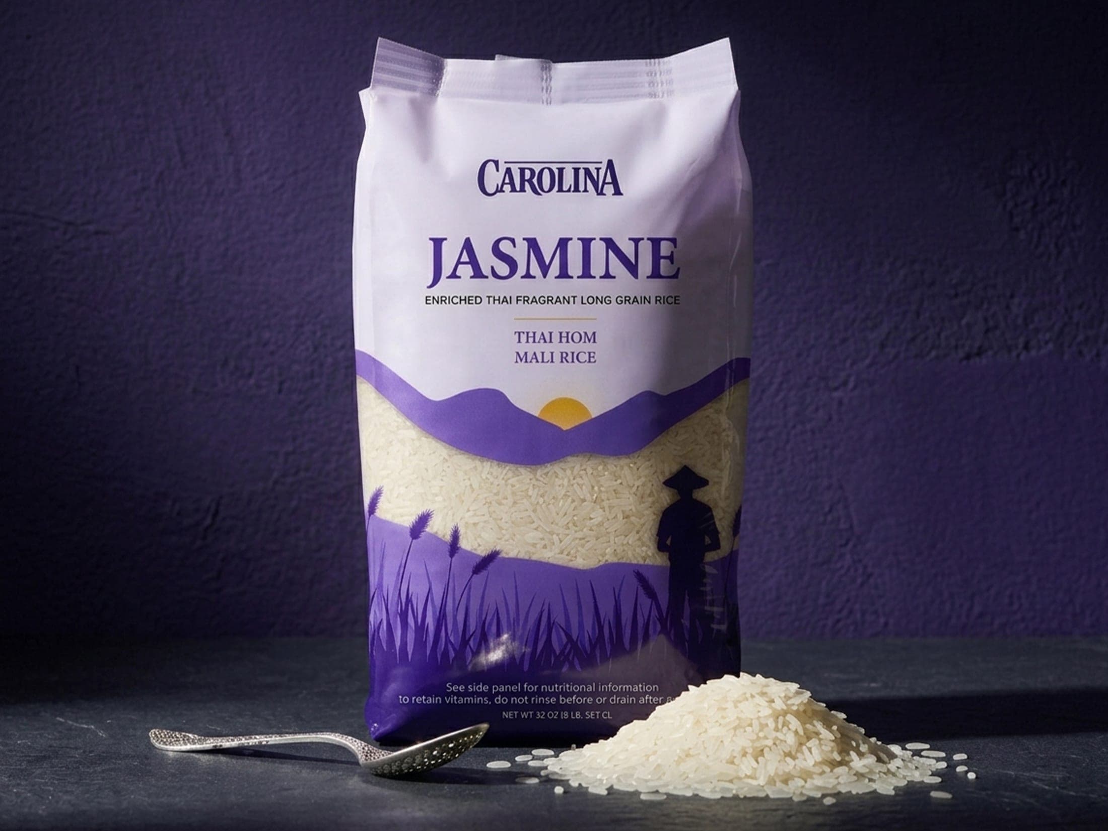 Carolina Jasmine Rice pouch dieline diagram showing bleed, trim, and crease guides across front, side, and back panels
