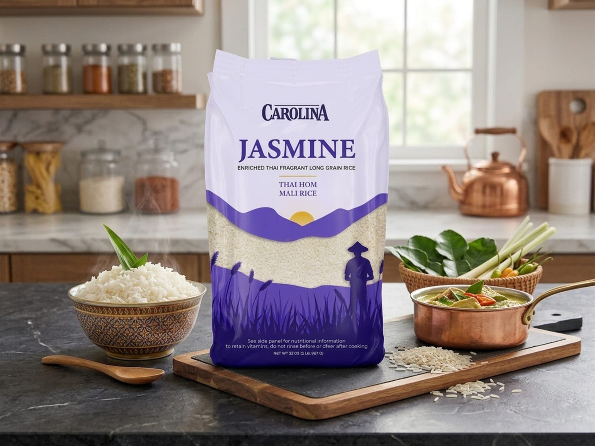 Carolina Jasmine Rice pouch on a kitchen counter beside a bowl of steamed rice, curry pot, and fresh herbs