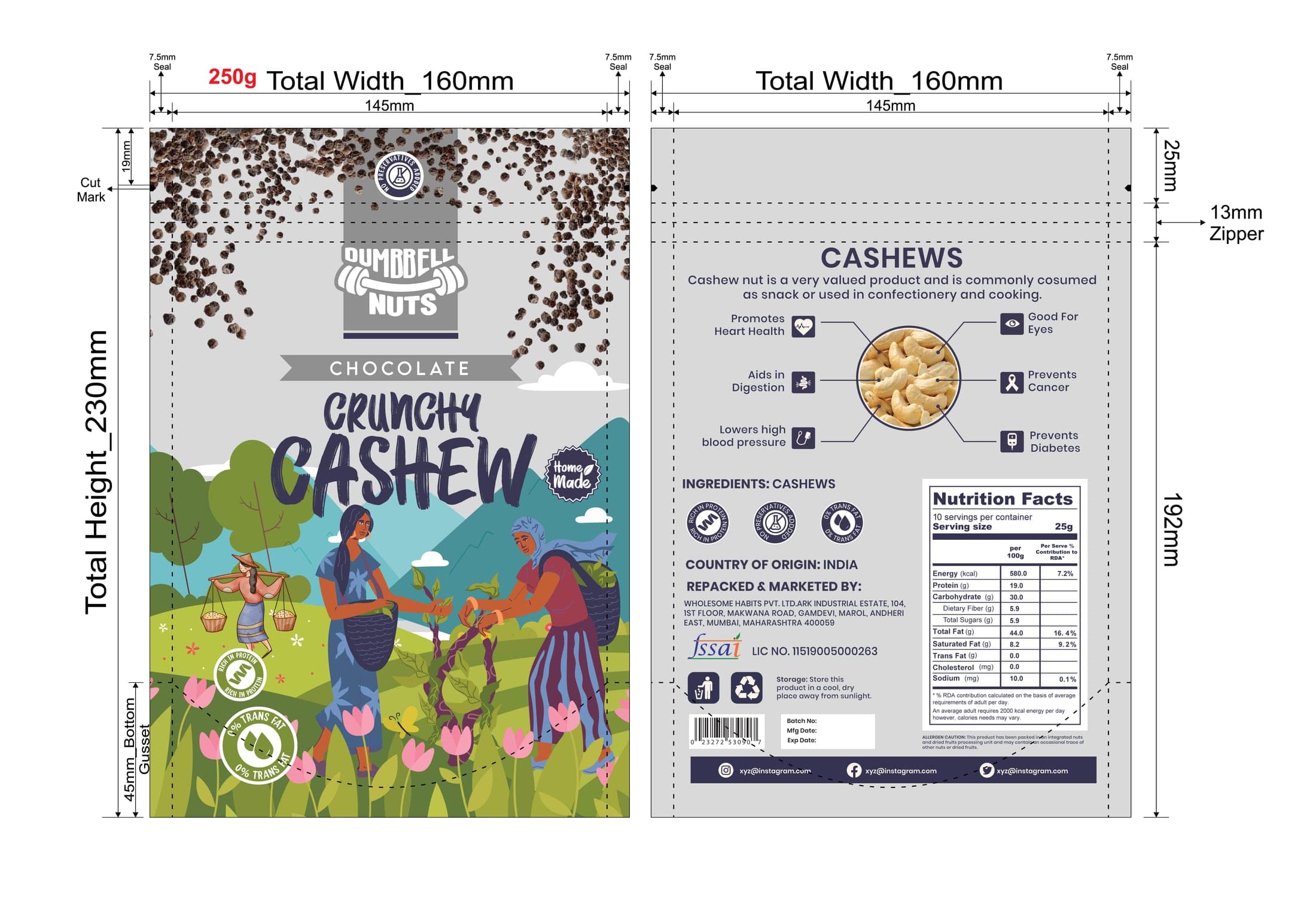 Dumbbell Nuts black pepper cashew stand-up pouch technical dieline with gusset and zipper measurements