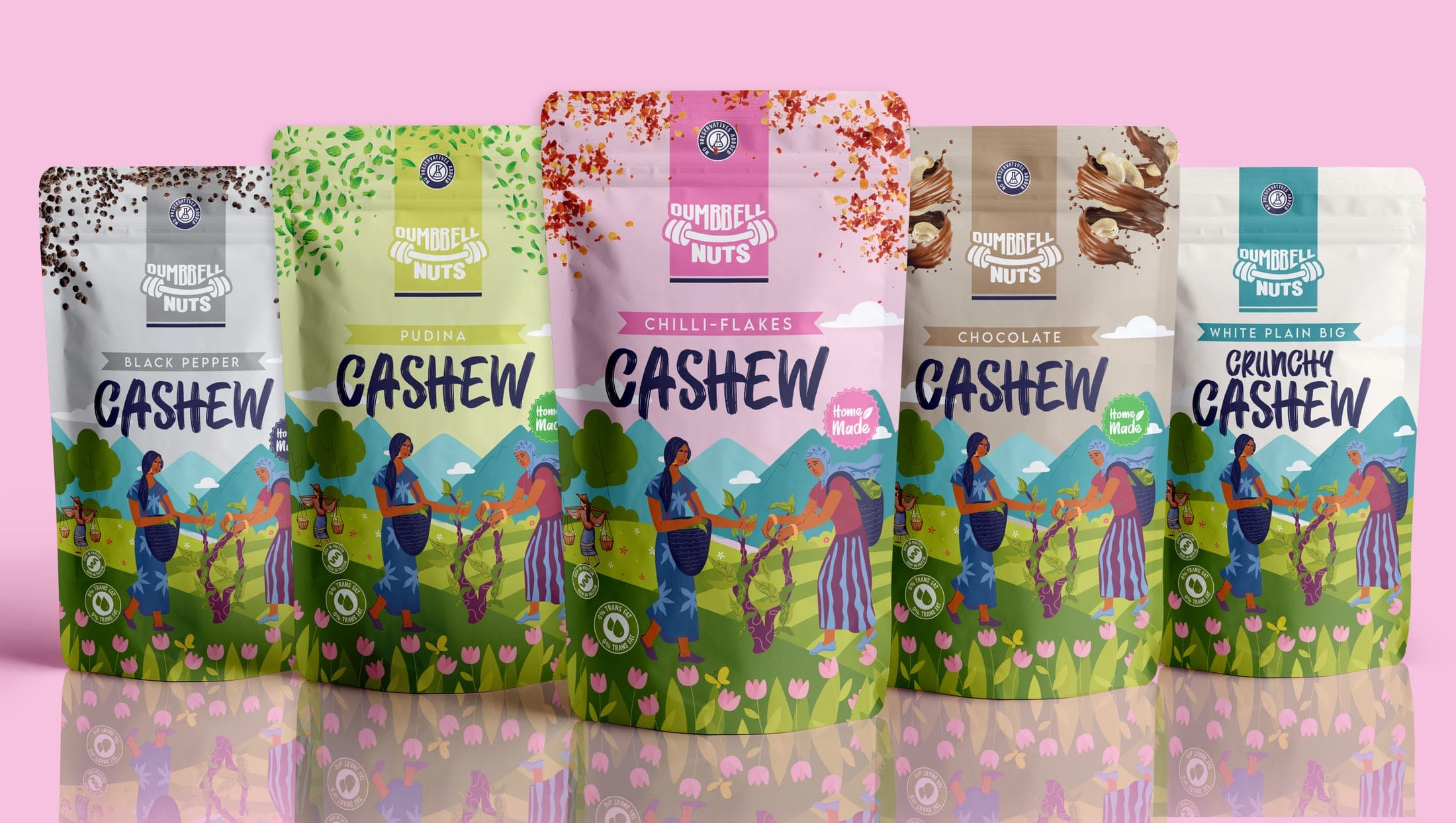 The full Dumbbell Nuts flavor lineup — black pepper, pudina, chilli-flakes, chocolate, and white plain — on a pink backdrop
