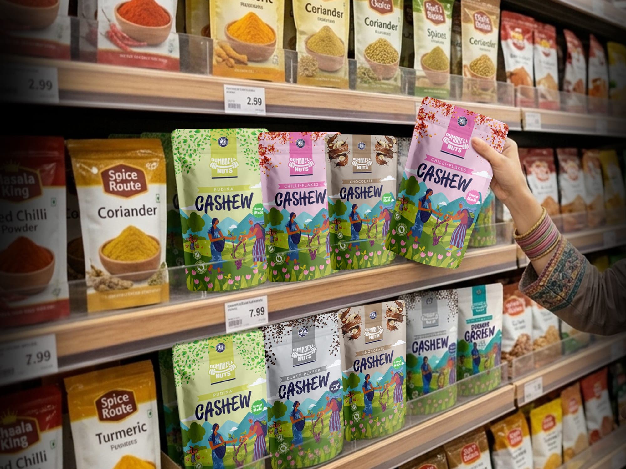 A shopper's hand reaching for a Dumbbell Nuts pouch on a supermarket spice-aisle shelf