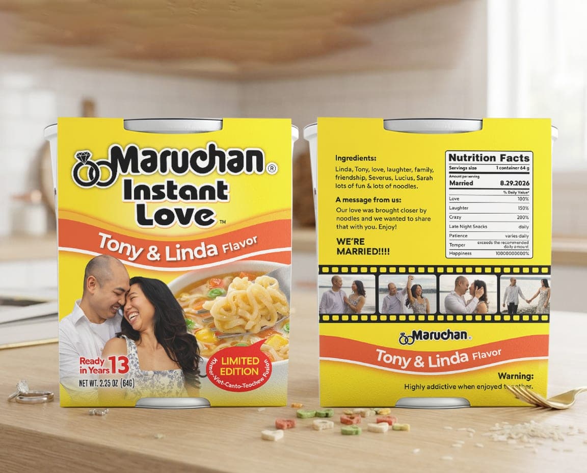 Front and back of the Instant Love cup staged on a wooden table with scattered rice and a gold fork