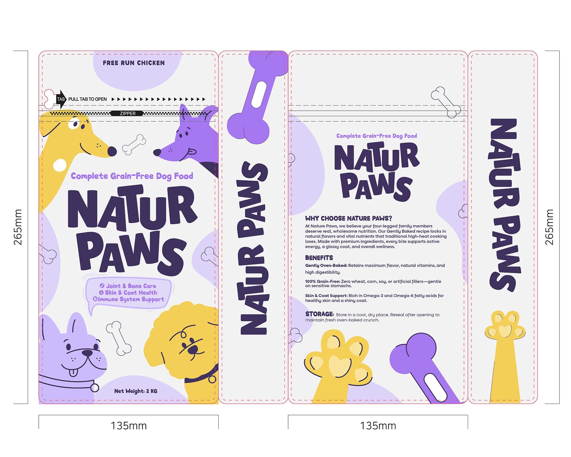 Natur Paws flat dieline artwork showing the front, gussets, back panel, and zipper mechanics at 135mm x 265mm