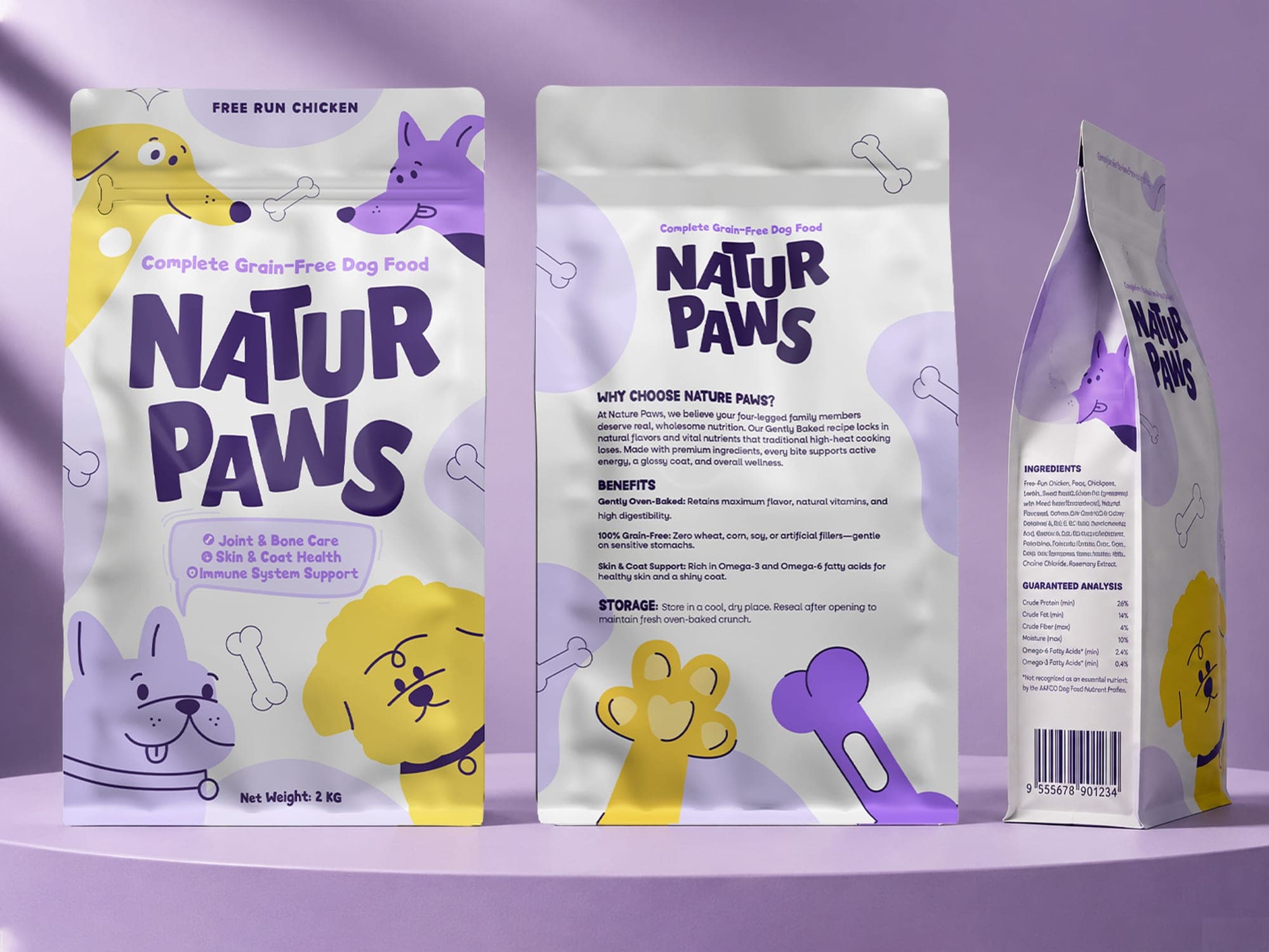 Natur Paws pouch front, back, and side gusset panels shown together to demonstrate panel continuity