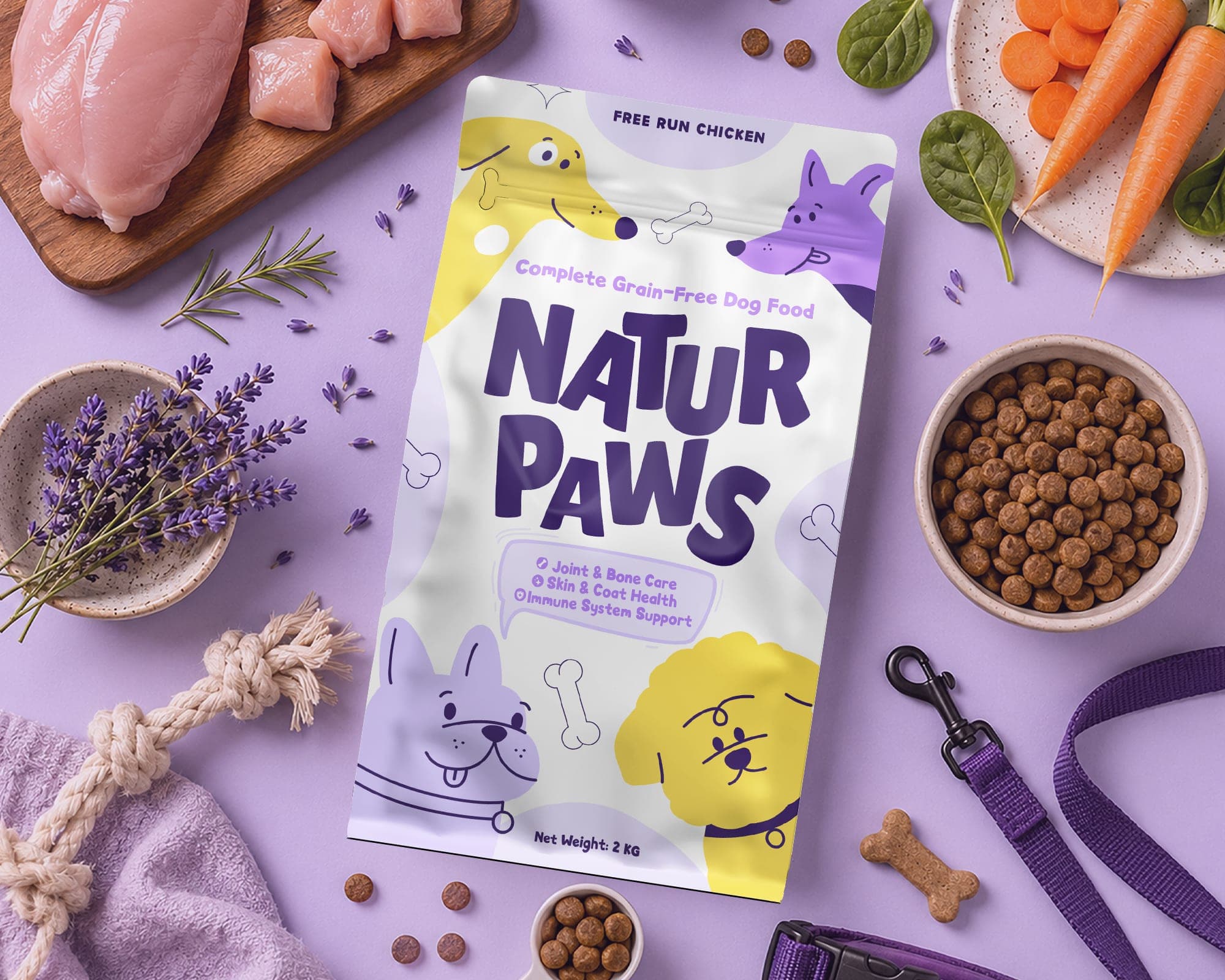 Natur Paws pouch styled flat-lay style beside raw chicken, lavender, and a rope toy